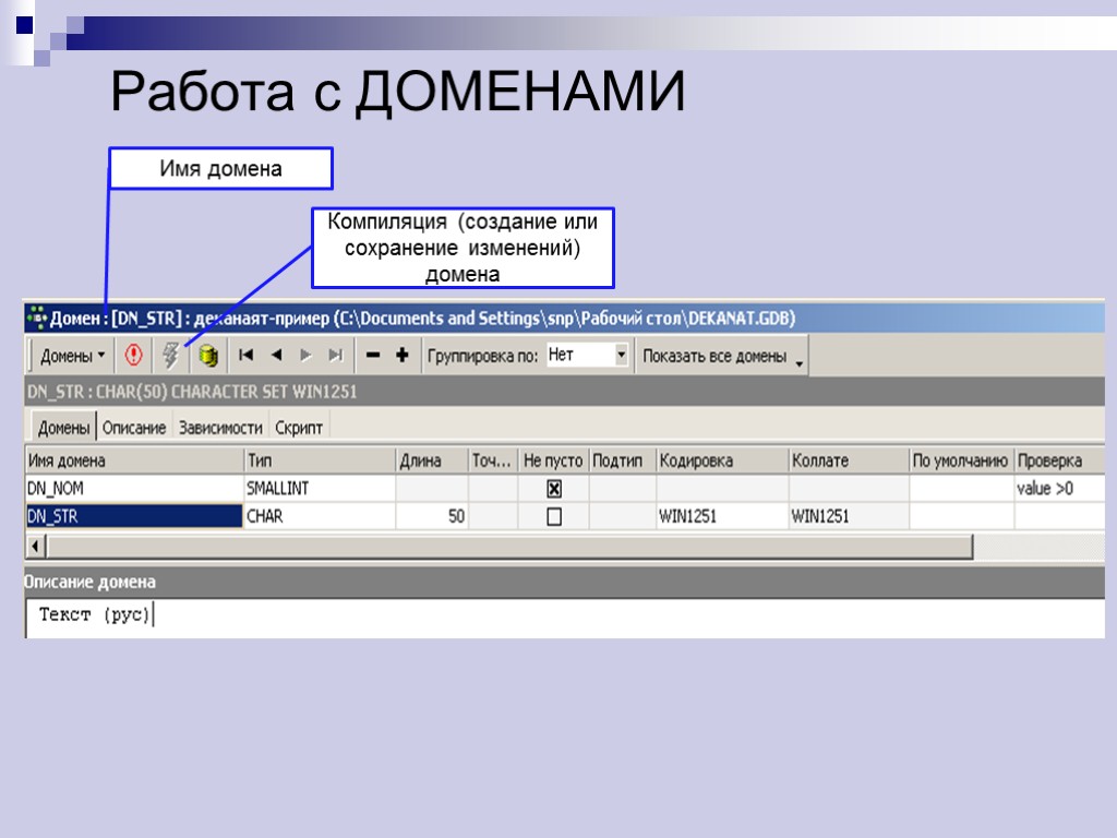 Работа с ДОМЕНАМИ Компиляция (создание или сохранение изменений) домена Имя домена